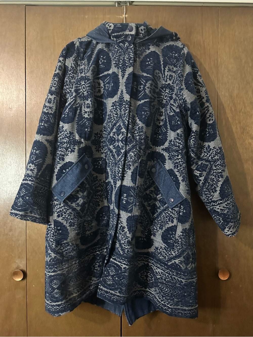 Anthropologie Blue Chenille Tapestry Patterned Long Women's Coat Parka Sz 1X - Picture 5 of 16